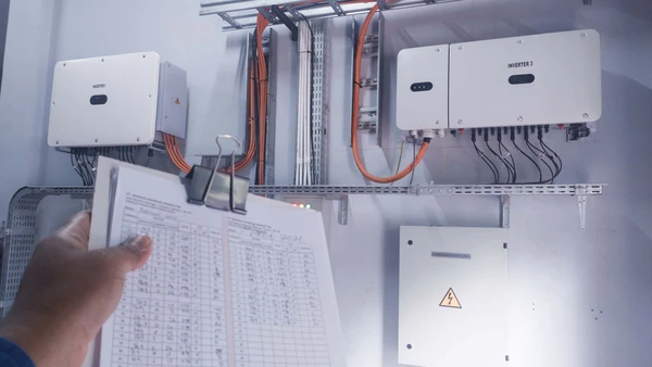Espace de travail d'électricien avec plans techniques détaillés, multimètre numérique affichant des mesures, disjoncteurs modulaires, LED circulaire, câbles électriques colorés et composants électroniques